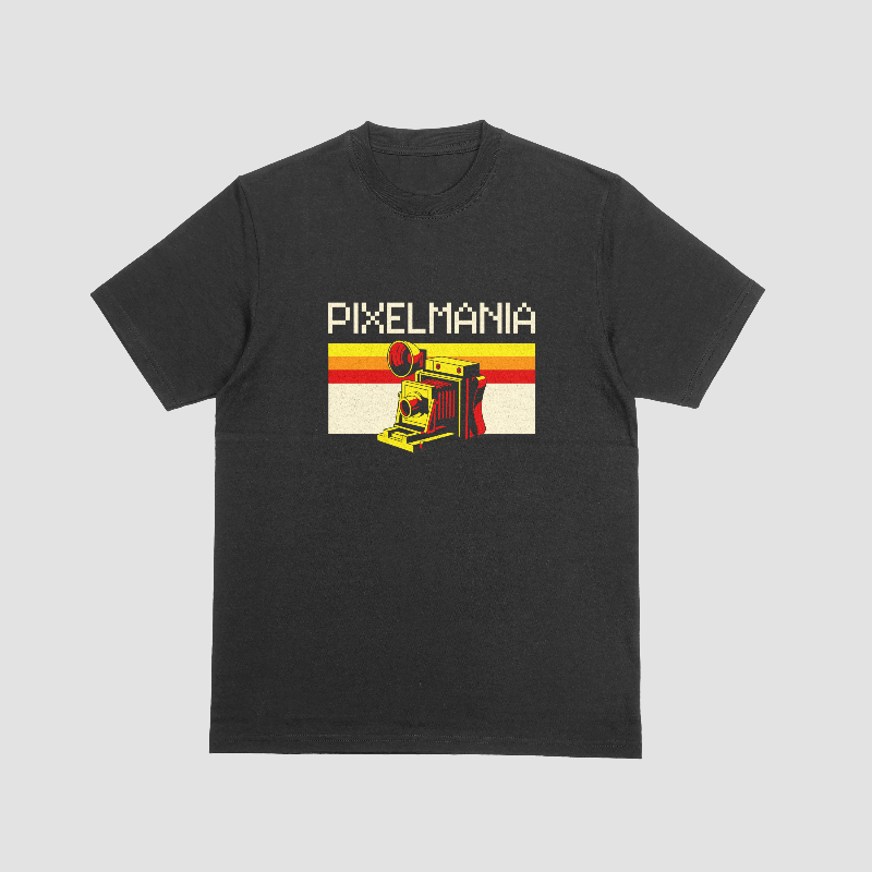 Dark t-shirt with retro pixel art Pixelmania graphic