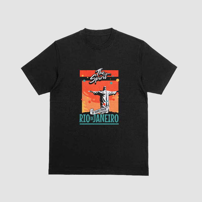 Black t-shirt with vintage Rio de Janeiro travel poster graphic