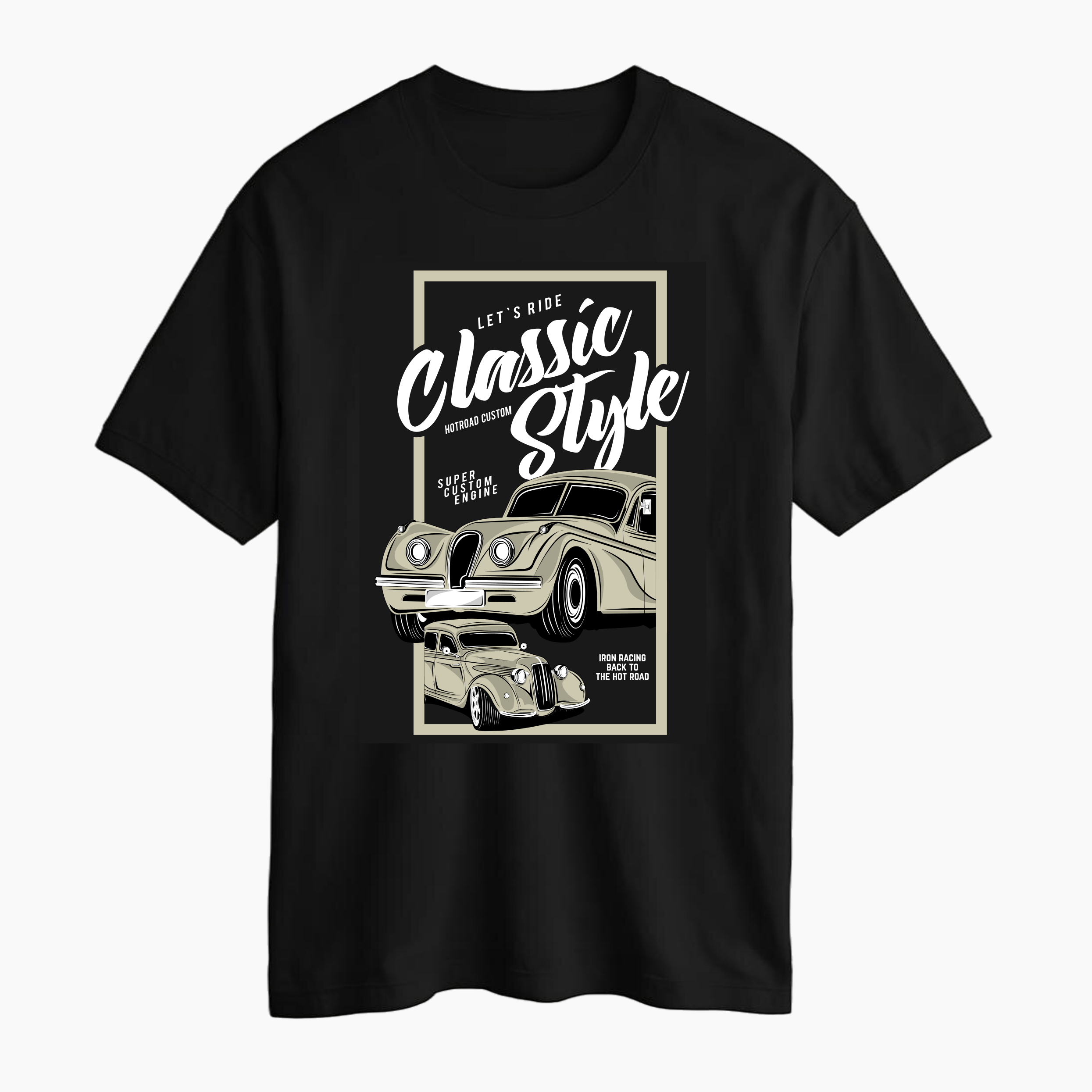 Black t-shirt with classic style hotrod car illustration